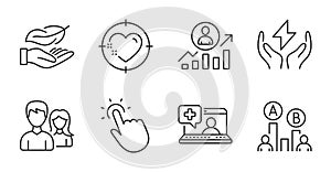 Couple, Touchpoint and Heart target icons set. Career ladder, Medical help and Safe energy signs. Vector