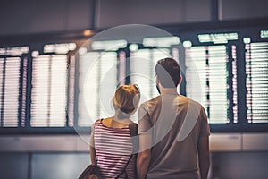 couple tourist looking at flight schedules for checking take off time. Generative AI