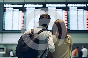 couple tourist looking at flight schedules for checking take off time. Generative AI