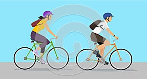 couple tourist man and woman riding bicycle . vector