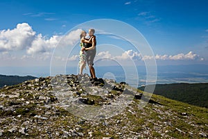 Couple tourists in Buzludzha monument Bulgaria