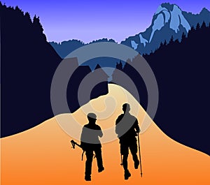A couple of tourists goes to the mountains to walk in the open air with their equipment