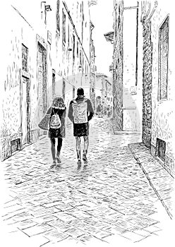 A couple of townspeople walking in the old town