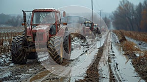 Couple of Tractors Driving on Muddy Road