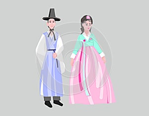 Couple in traditional korean dresses, wear korean hanbok costume