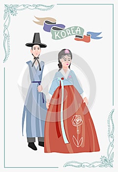 Couple in traditional korean dresses, wear korean hanbok costume