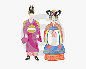 Couple in traditional korean wedding dresses, wear korean hanbok costume