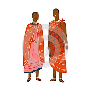 Couple in traditional maasai costume and accessories vector flat illustration. Man and woman in national ethnic clothing
