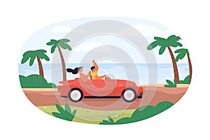 Couple travel by convertible car on summer holidays. Man and woman driving along sea coast. Summertime trip of romantic