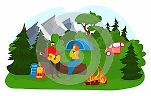 Couple travel in forest, vector illustration, flat woman man character at summer hiking adventure outdoor, tourism