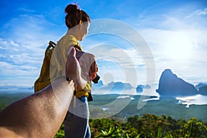 Couple travel relax, travel nature in the holiday on the mountain on sea at Samet Nangshe Viewpoint. Phang Nga Bay, Travel