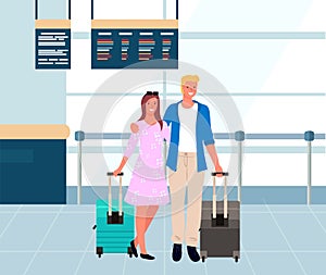 Couple Travelers in Airport, Man and Woman Vector