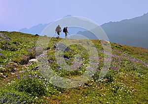 Couple of travelers with backpacks photo