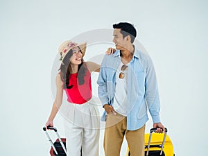 Couple travelers, happy holiday with friendships.