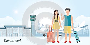 Couple travelers with luggage at the airport background