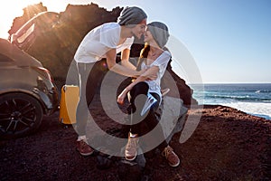 Couple traveling by car