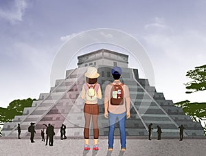 Couple traveling to the Mayan pyramid of Chichen Itz photo