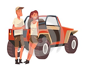 Couple of Travellers Standing in front of Jeep Car SUV, African Safari Travel, Male and Female Tourists Exploring Fauna