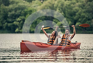 Couple travelling by kayak