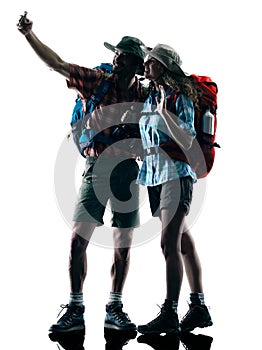 Couple trekker trekking nature silhouette selfie photo