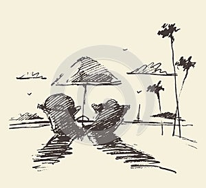 Couple tropical beach vector drawn, sketch