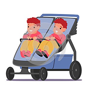 Couple of Twins Toddlers Sitting in Double Stroller Isolated on White Background. Cute Children Characters Sit in Pram