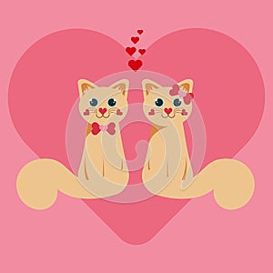 A couple of two cats in love on big pink heart background for valentines day, cute cartoon character, vector