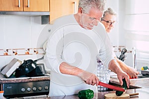 Couple of two happy and cheerful seniors working in the kitchen at home together talking and having fun. Old and mature man