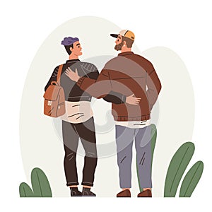 Couple of two men walking outdoors, hugging. Male best friends embracing and supporting each other