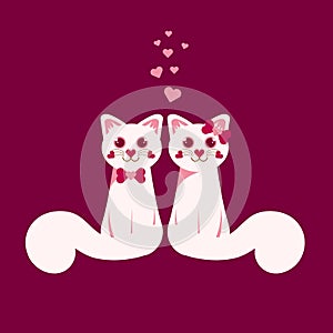 A couple of two white cats in love on maroon background for valentine day, cute cartoon character, vector illustrations