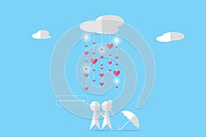 Couple under clouds with rain and hearts, valentine concept