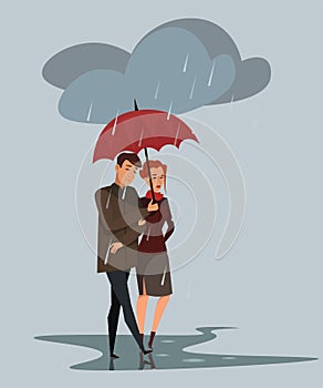 Couple under rain flat vector illustration