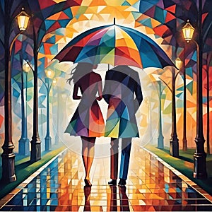 a couple under an umbrella walking on the sidewalk under street lights