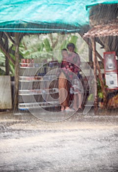 Couple under veavy rain