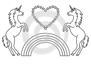 Couple unicorns with rainbow and heart with stars. Coloring page for children. Vector