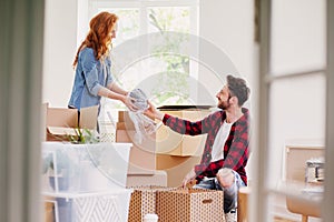 Couple unpacking stuff from carton boxes while furnishing interior photo