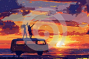 couple up dancing on a camper van at sunset, in the style of pop inspo,road travel