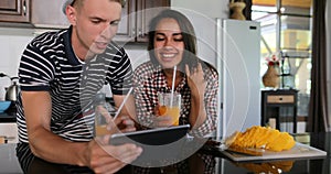Couple Use Tablet Computer Taking Selfie Photo, Young Woman And Man In Kitchen Studio Modern House Interior