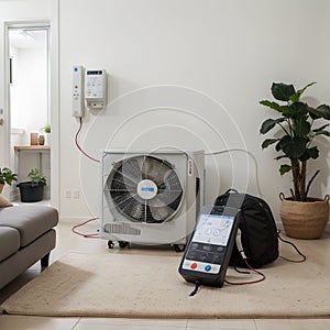 couple using a convenient air conditioning system at home and setting up a comfortable temperature on their modern AC air