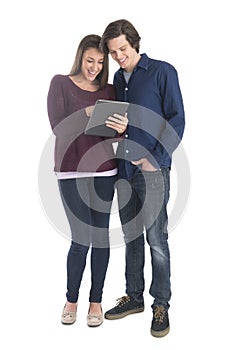 Couple Using Digital Tablet Against White Background