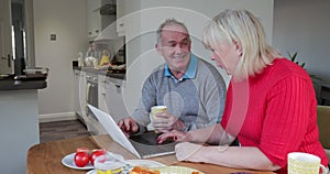 Couple using laptop over lunch