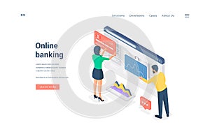 Couple using online banking service. Isometric vector illustration