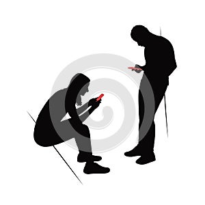 A couple using smarth phone, body, silhouette vector