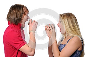 Couple Using Tin Can Phone to scream