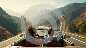 Couple on vacation cruising through winding mountain roads in convertible sports car, AI generated