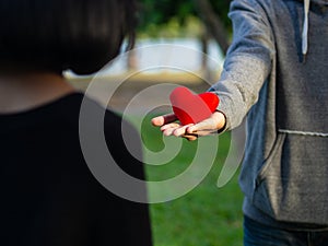 Couple on Valentines day. The man gives red heart to the woman in the park. Love, Valentines Day