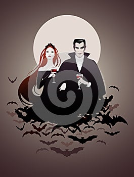 Couple of vampires on a cloud of bats holding red wine glasses