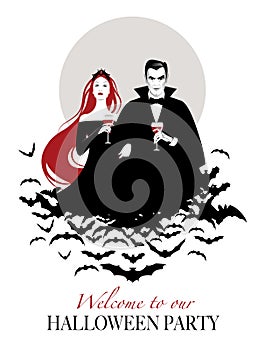 Couple of vampires on a cloud of bats holding red wine glasses