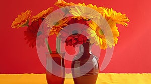 a couple of vases with flowers in them on a yellow table cloth with a red wall in the backround behind them and a red wall in the