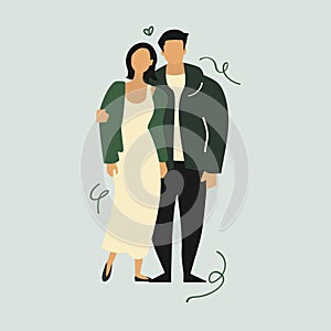 Couple vector illustration. Romantic partners. Bride and groom casual wedding. Two in love. Part celebration wedded man wife.